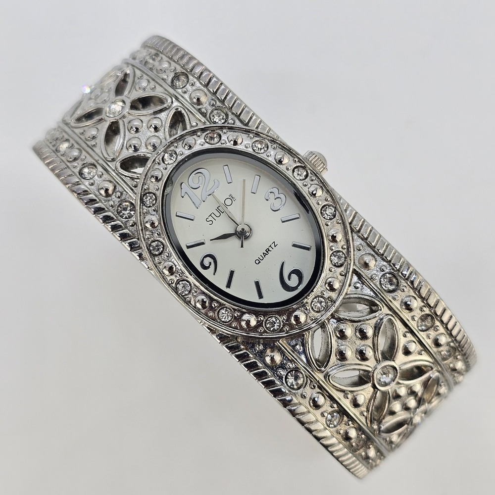 Women's Cuff Analog Watch 23MM White Dial Gray Bracelet Band 5.5" NEW Battery